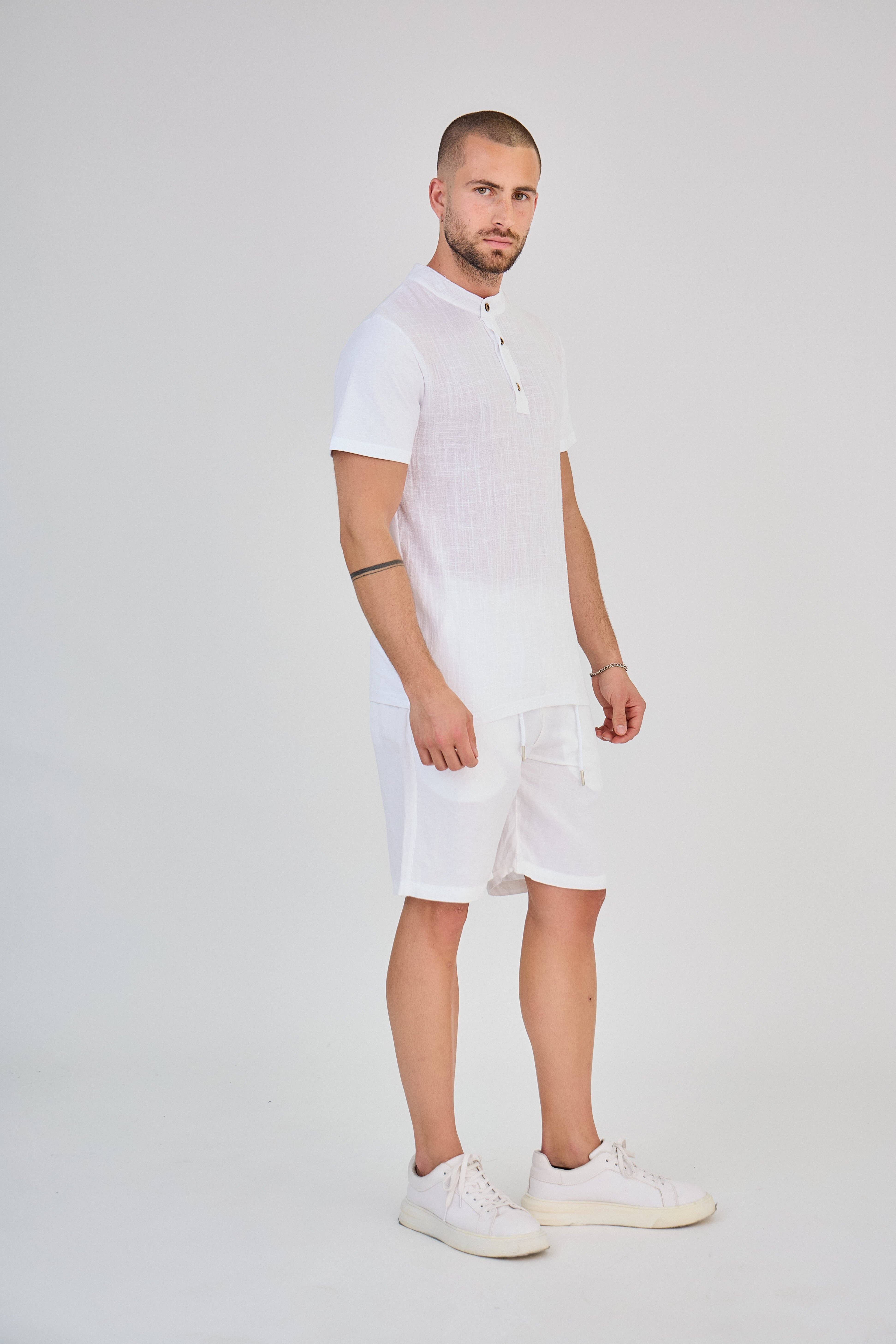 TOP MONDAY - Vente T-shirt – homme - T-Shirt en Lin Manches Courtes Blanc Col Mao4