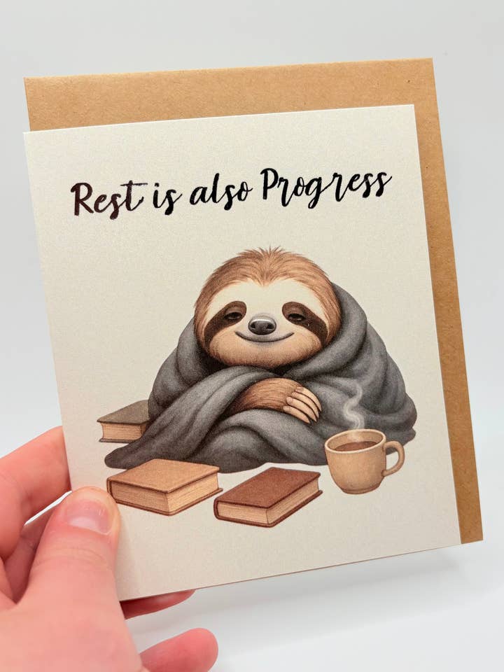 Rest is Also Progress – Encouragement Greeting Card (Silver Foil, Blank Inside) for wholesale by Nestled Notes