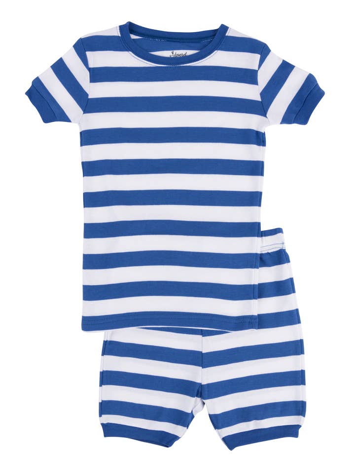 Pijama corto de algodón de dos piezas para niños Rayas azules y blancas para venta al por mayor de Leveret Pajamas