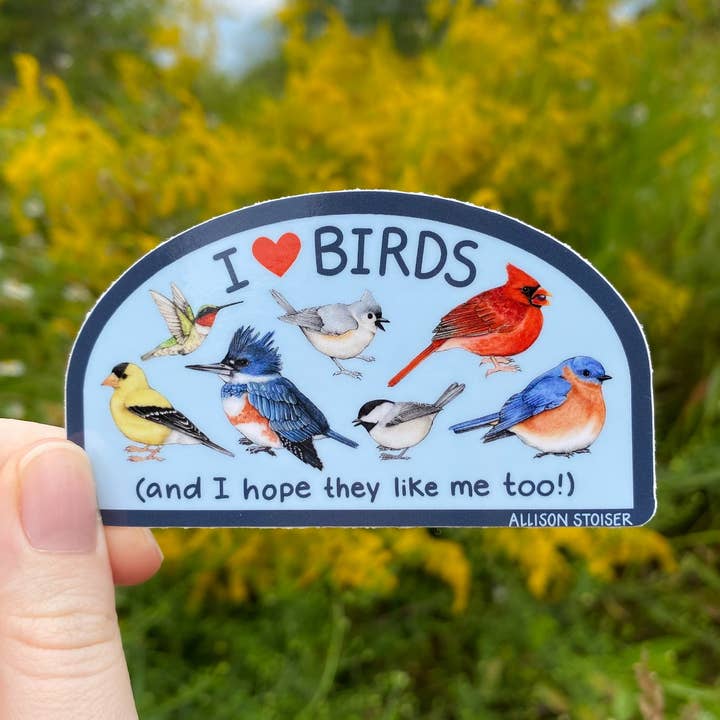 I ❤️ Birds Weatherproof Vinyl Sticker for wholesale by Allison Stoiser Art