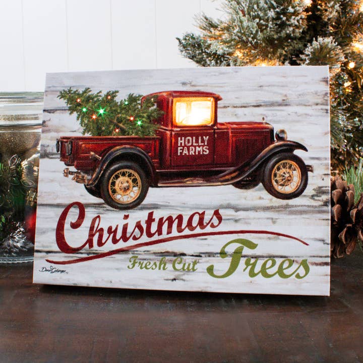 Red Truck Christmas 8x6 Lighted Tabletop Canvas for wholesale by Glow Decor