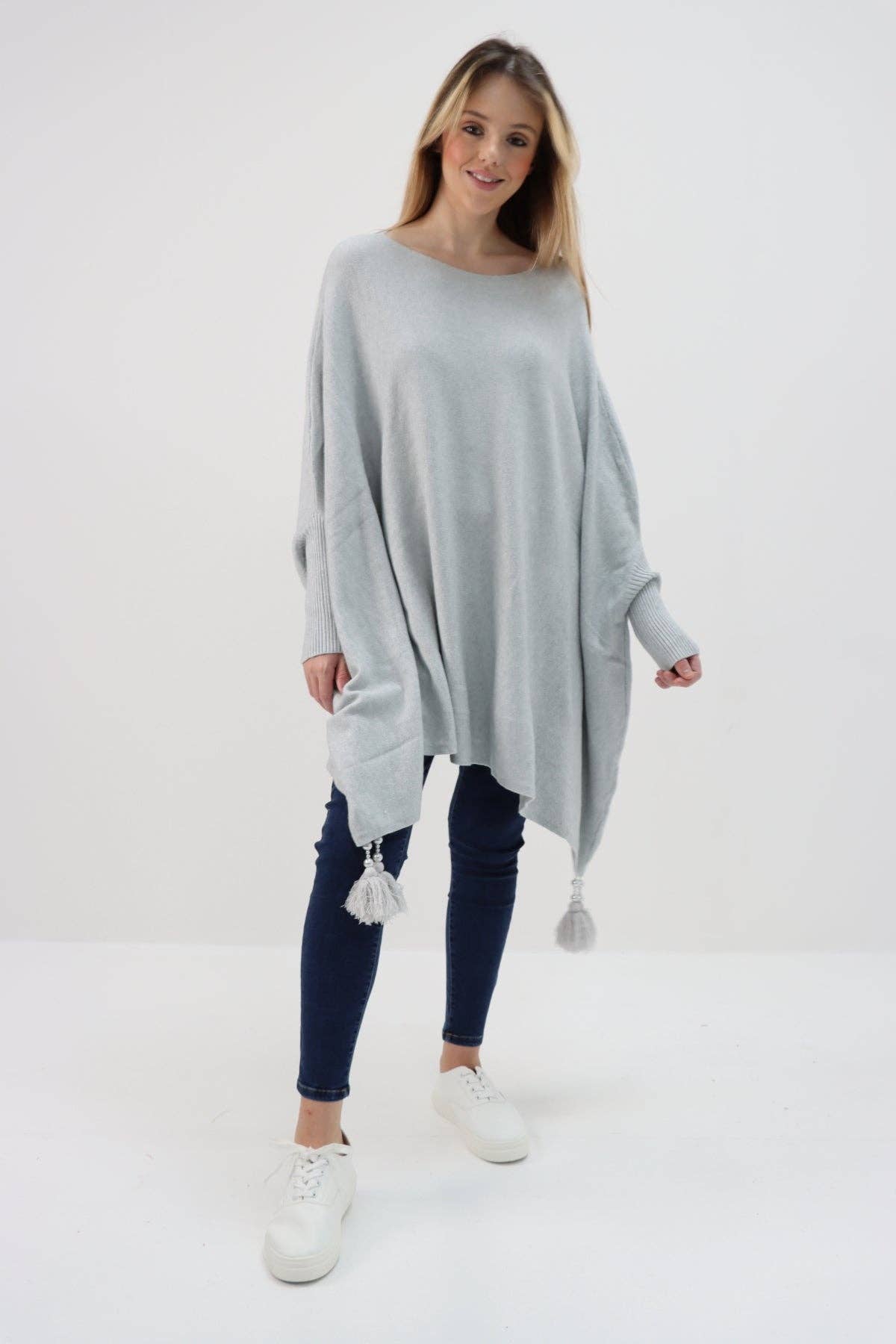 Miss Bold - Wholesale Poncho - Women's - Italian Plain Batwing Sleeves Tassels Tunic Poncho42