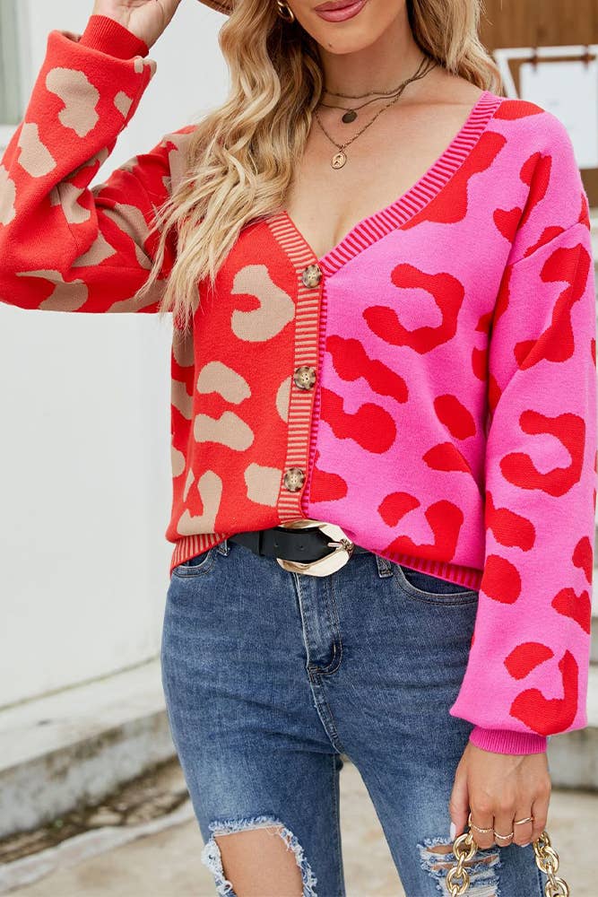 UNISHE - Wholesale Cardigan - Women's - V Neck Button Leopard Colorblock Cardigan MD0078