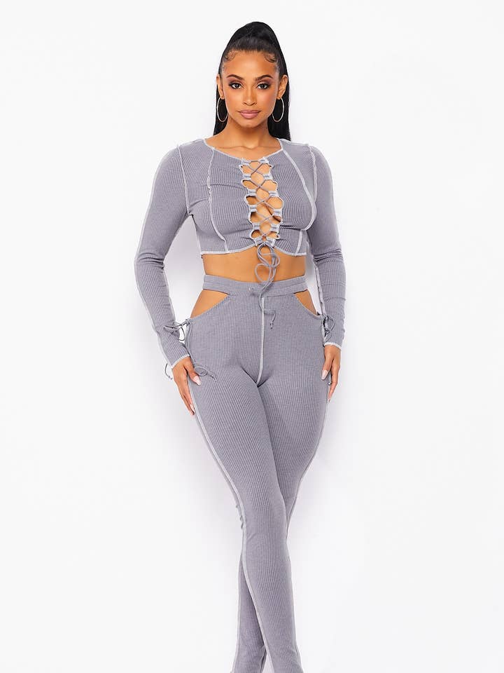 All or Nothing Ribbed Longsleeve Top And Pant (HGC5854) for wholesale by Hot & Delicious