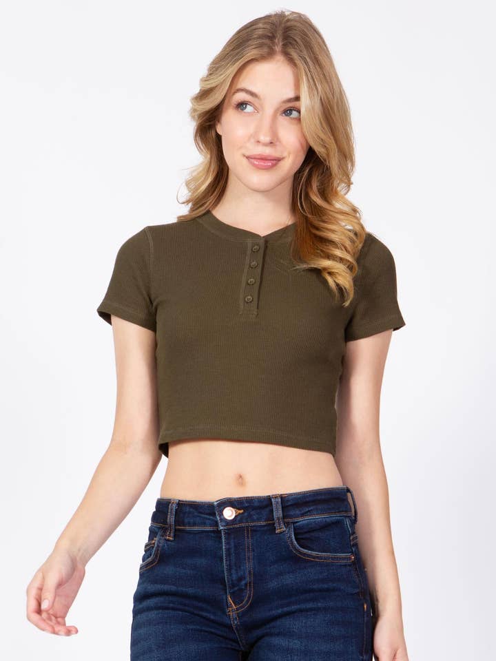 Solid color thermal crop top with henley neck short sleeve for wholesale by Color 5