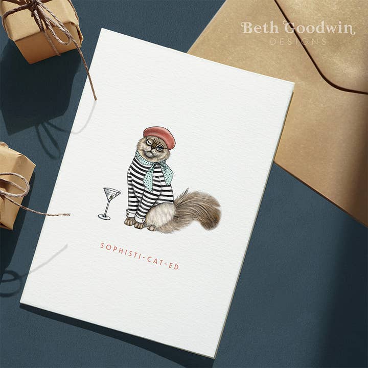 Sophisti-cat-ed Cat Card | Funny Cat Card | Greetings Cards for wholesale by Beth Goodwin Designs