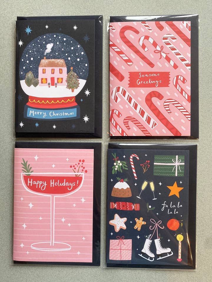 Christmas card bundle, 4 Christmas cards, christmas bundle for wholesale by Stella Isaac Illustration