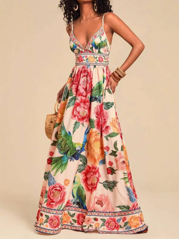 Multi Verona Macaw & Peony Floral print resort strappy sundress for wholesale on Faire2