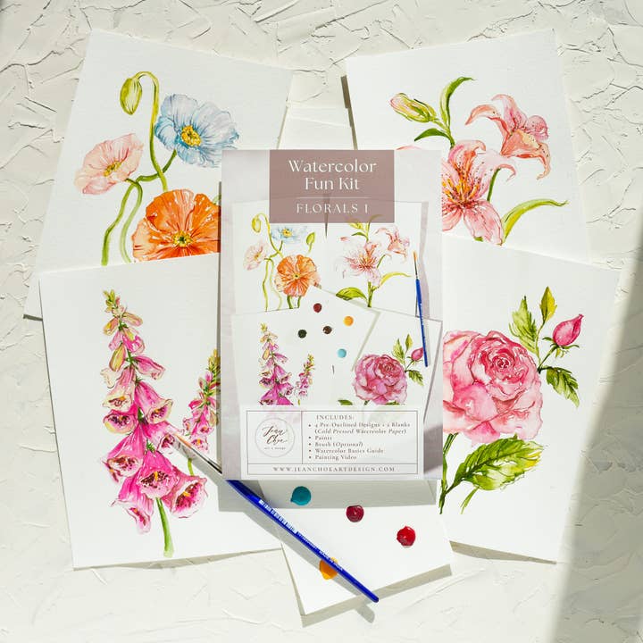Jean Choe Art & Design - Wholesale DIY Craft Kit - Florals Watercolor Painting Kit with Outlined Pages