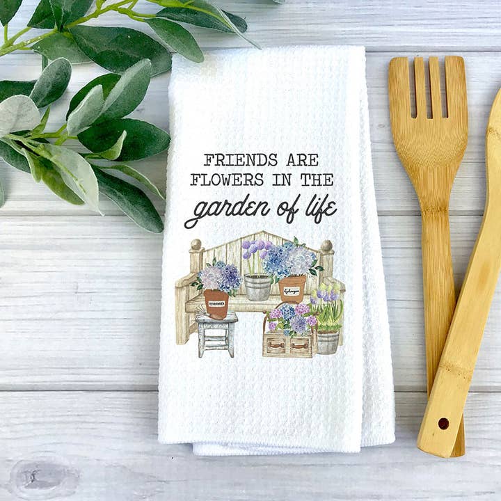 Friends In The Garden Kitchen Towel, Floral Dish Towel for wholesale by Canary Road