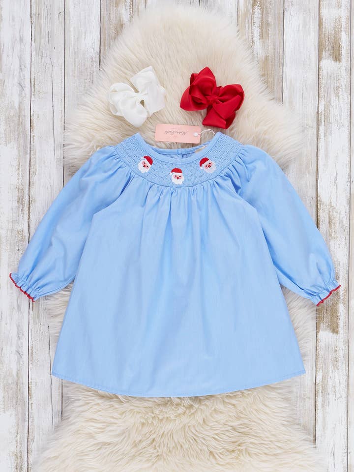 Blue Chambray Smocked Santas Ruffle Dress for wholesale by Marie Nicole Clothing