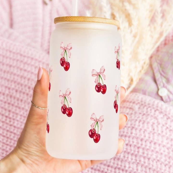 Sip-Sip Hooray! - Wholesale Drinking Glass/Cup - Vintage Cherry Bows 16oz Glass Can Cup With Lid and Straw