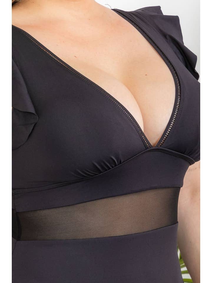 H3042 Black Ruffle One-Piece Swimsuit for wholesale on Faire6