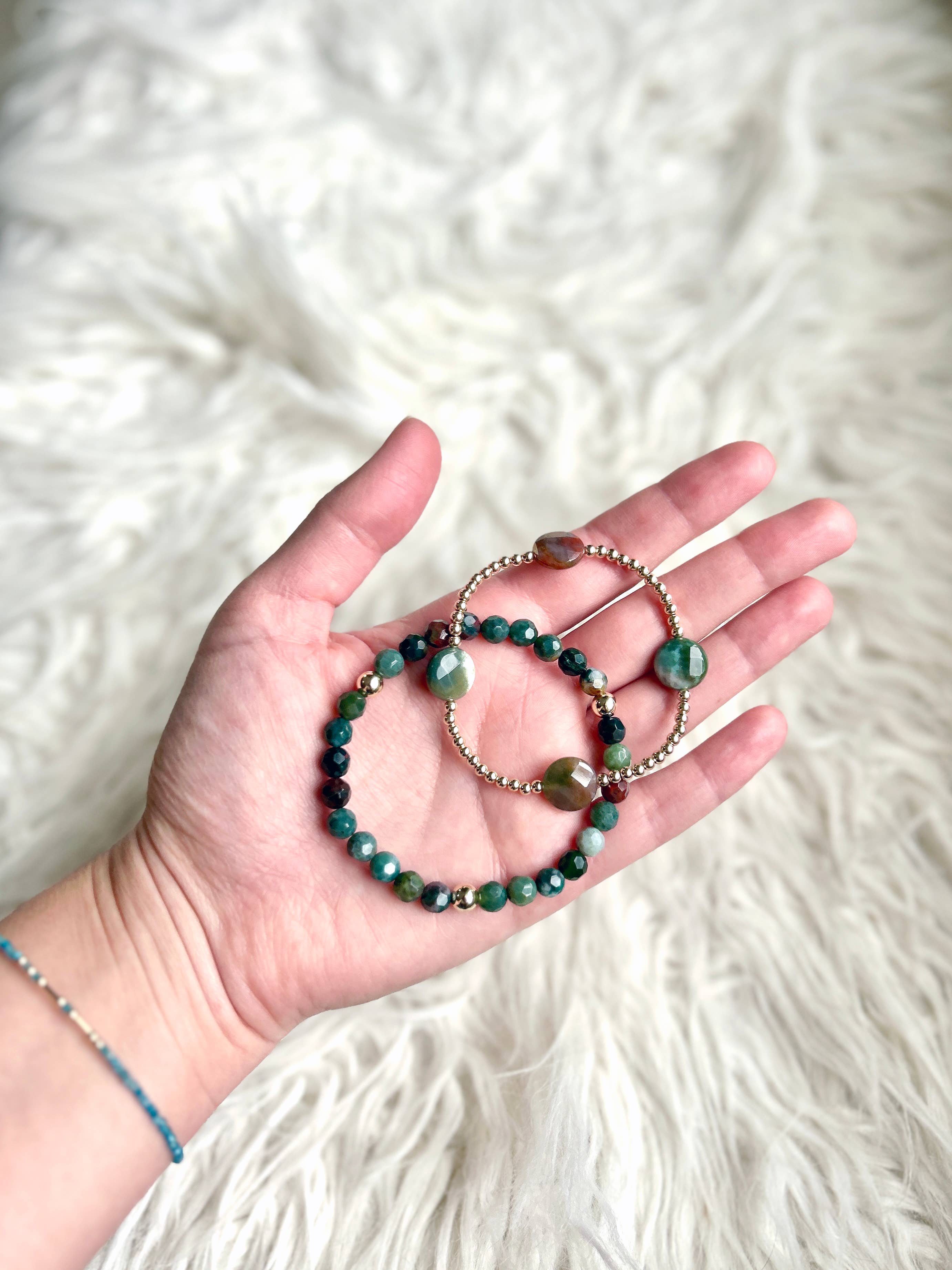 Kaylie Dawn Jewelry - Wholesale Beaded Bracelet - Green India Agate Handmade Stretchy Bracelet Gold Filled5