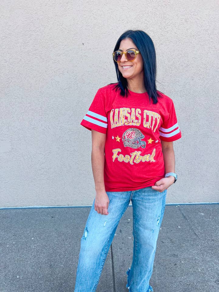 KANSAS CITY FOOTBALL RETRO STRIPES TEE (RED) for wholesale by Southern Babe Wholesale