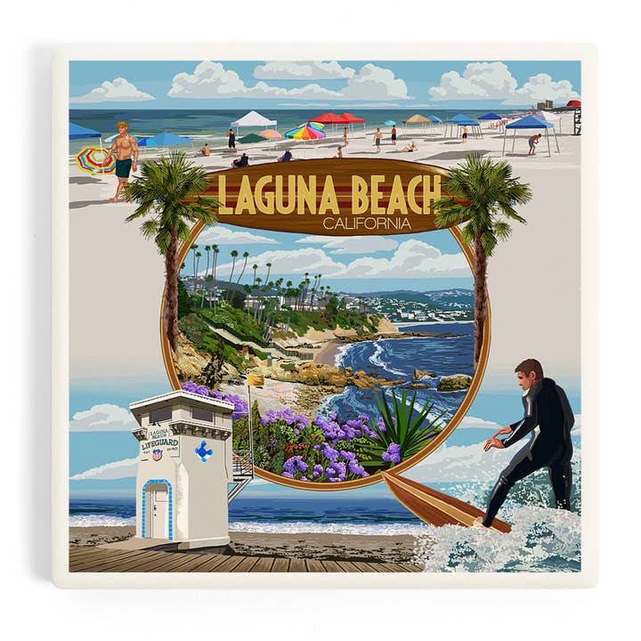 Lantern Press - Wholesale Coasters - Ceramic Coaster Laguna Beach, California, Montage Scenes