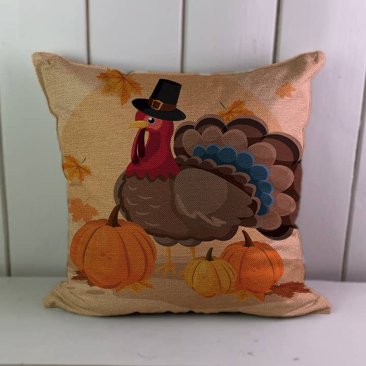 Funda de cojín de lino con diseño de pavo y calabazas de Acción para venta al por mayor de Hills Of Fabric