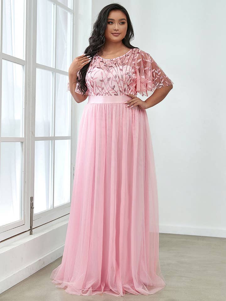 Ever-Pretty - Vente Robe de soirée – femme - Robe de soirée grande taille à imprimé pailleté avec manches courtes volantées8