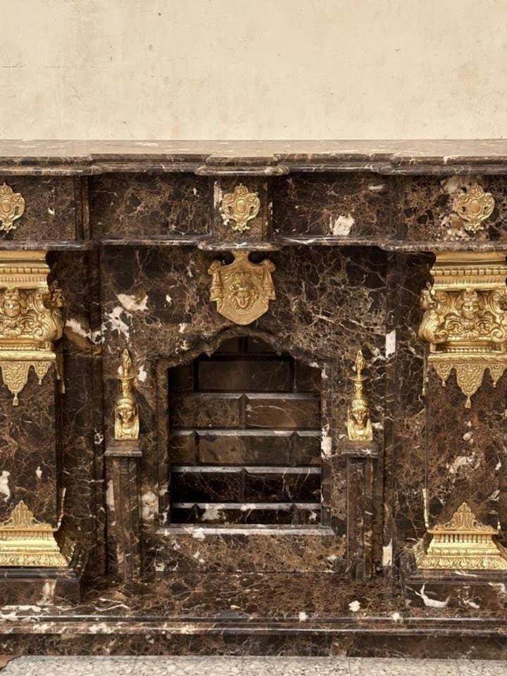 Black Marble Fireplace Mantel – Gold Corinthian Columns, Neoclassical Surround for wholesale by MALuxury Furniture