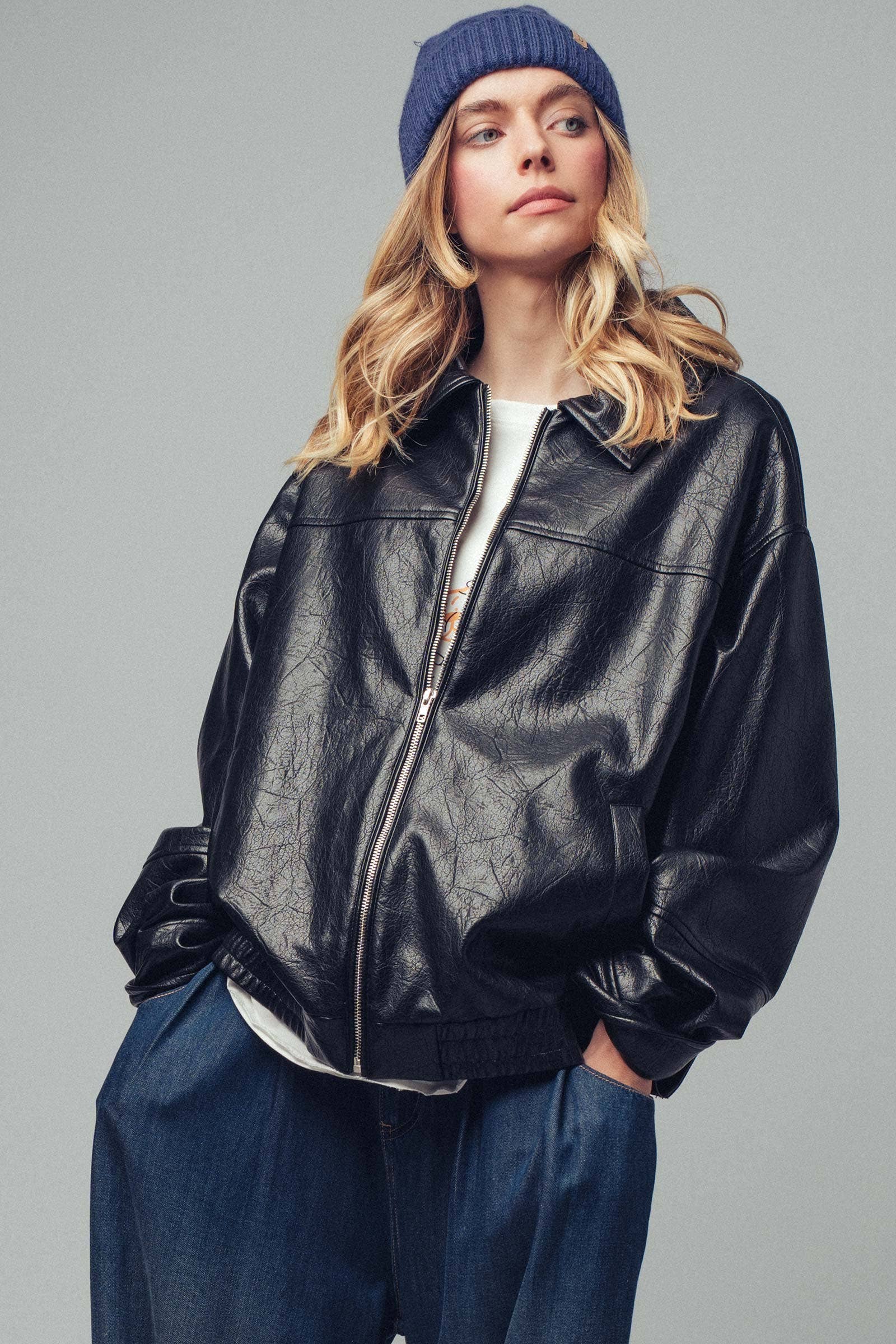 BLACK City Muse Oversized Leather Jacket for wholesale on Faire0