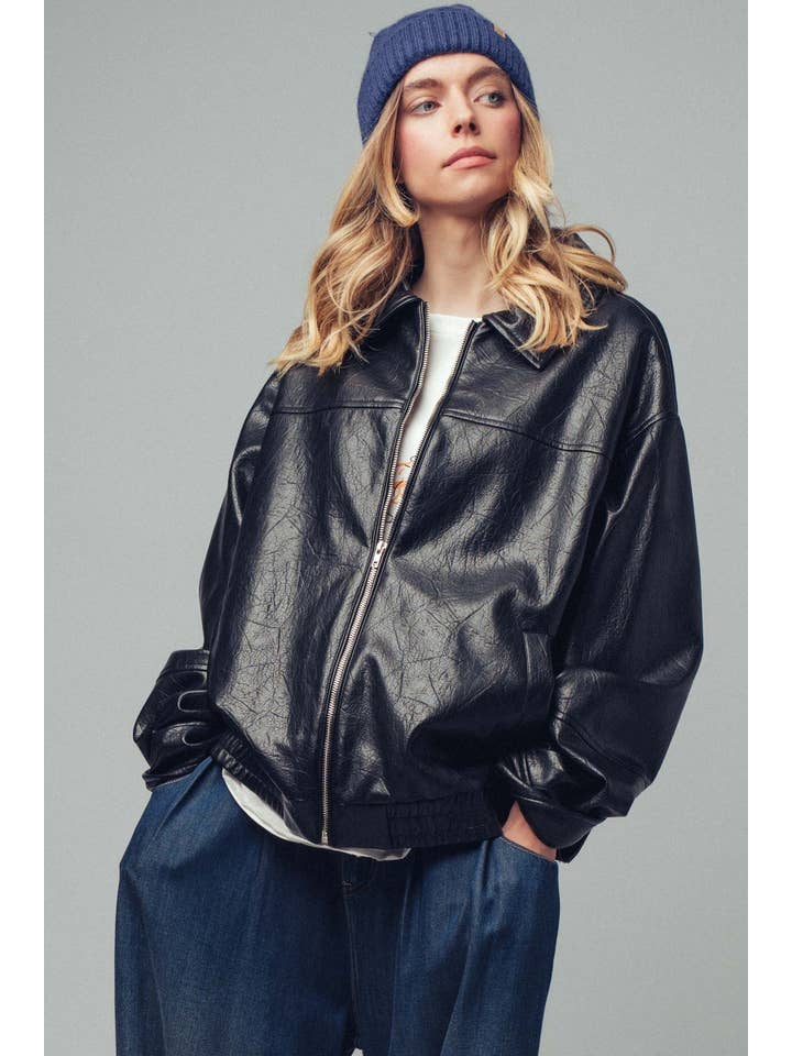 BLACK City Muse Oversized Leather Jacket for wholesale on Faire