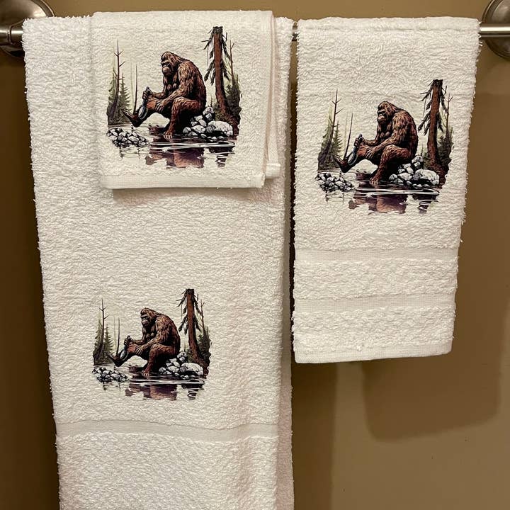 Squatchin’ Country - Wholesale Towel Set - Bathing Bigfoot wash rag, hand towel, bath towel 3 piece set