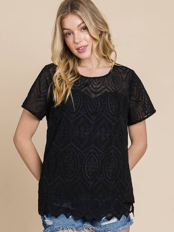 BLACK Round Neck Short Sleeve Zig Zag Edge Lace Top with Lining for wholesale on Faire