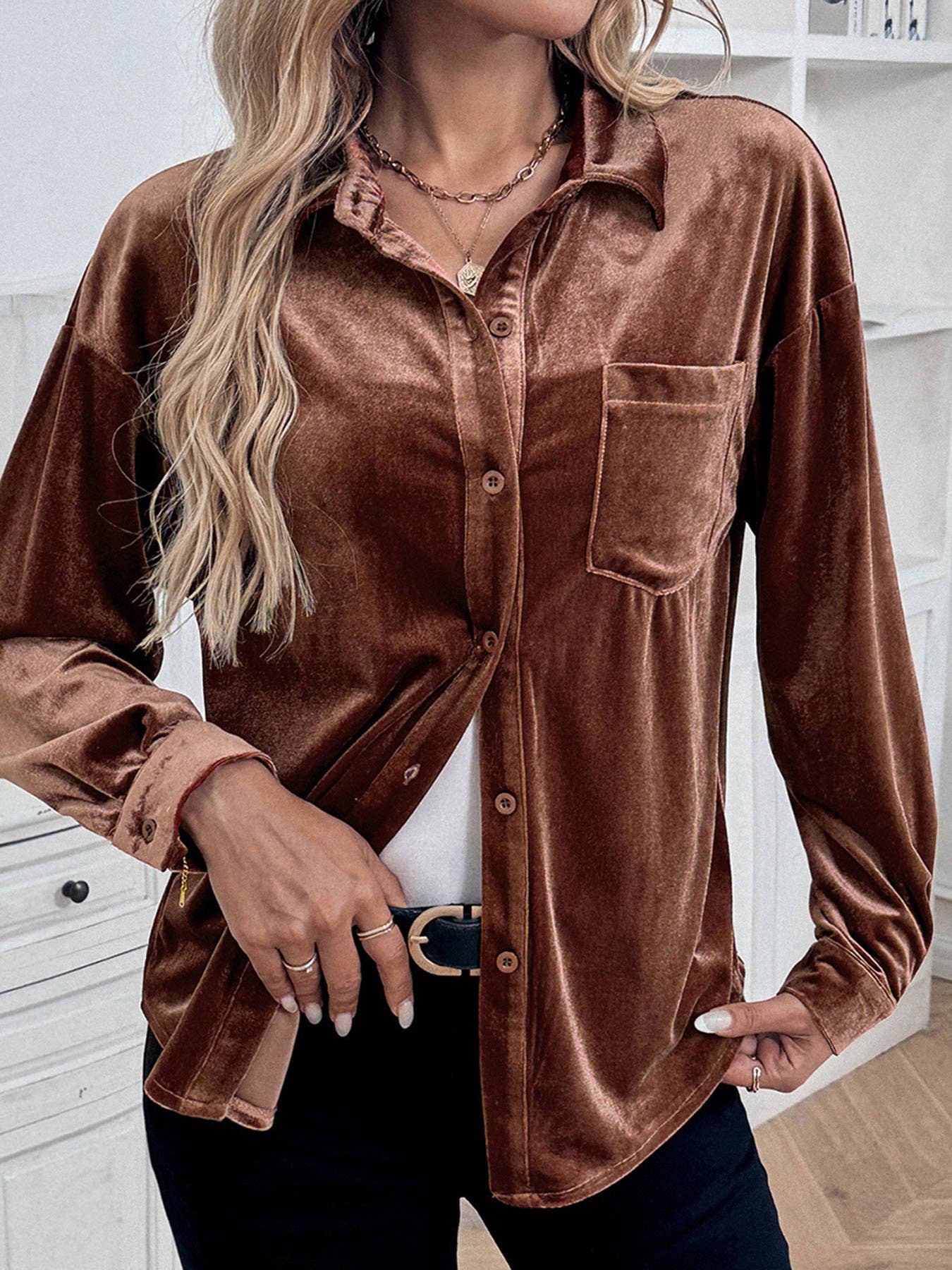 Suhkasana - Wholesale Button Down Shirt - Women's - Solid Velvet Button-Up Lantern Sleeve Collared Blouse23