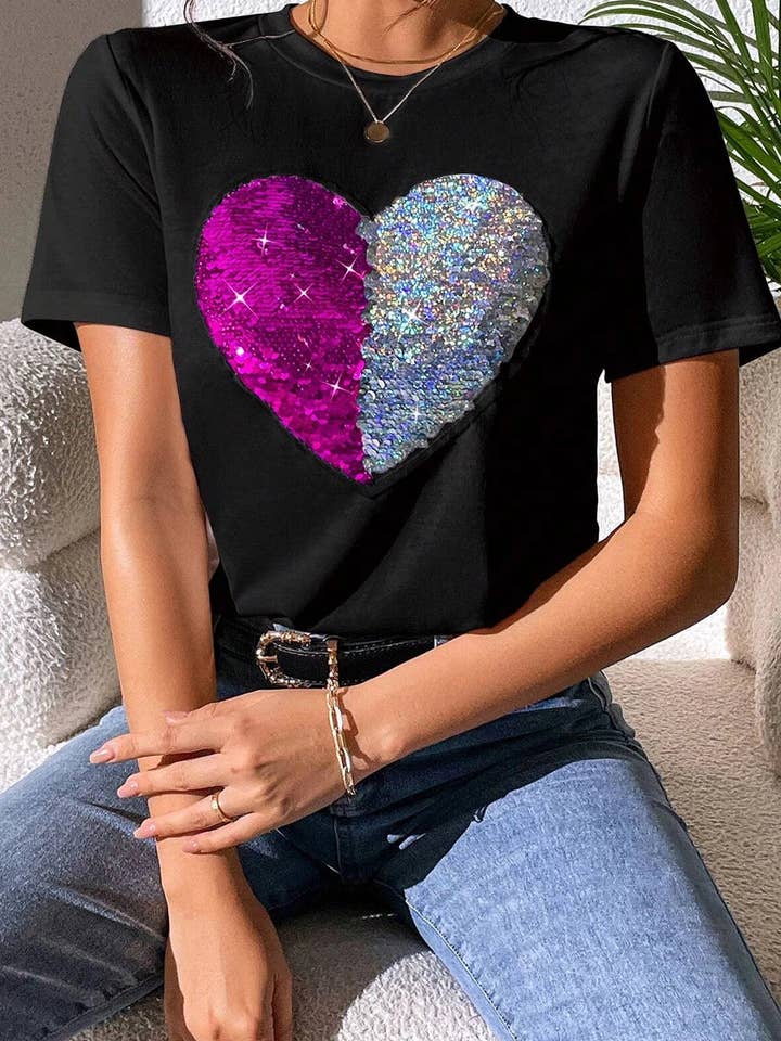 Black Valentine Two Tone Sequined Heart Shaped Graphic T Shirt for wholesale on Faire1