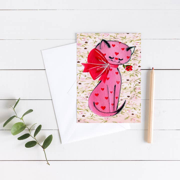 Pink Cat Valentine Card for wholesale by Wright Card Company