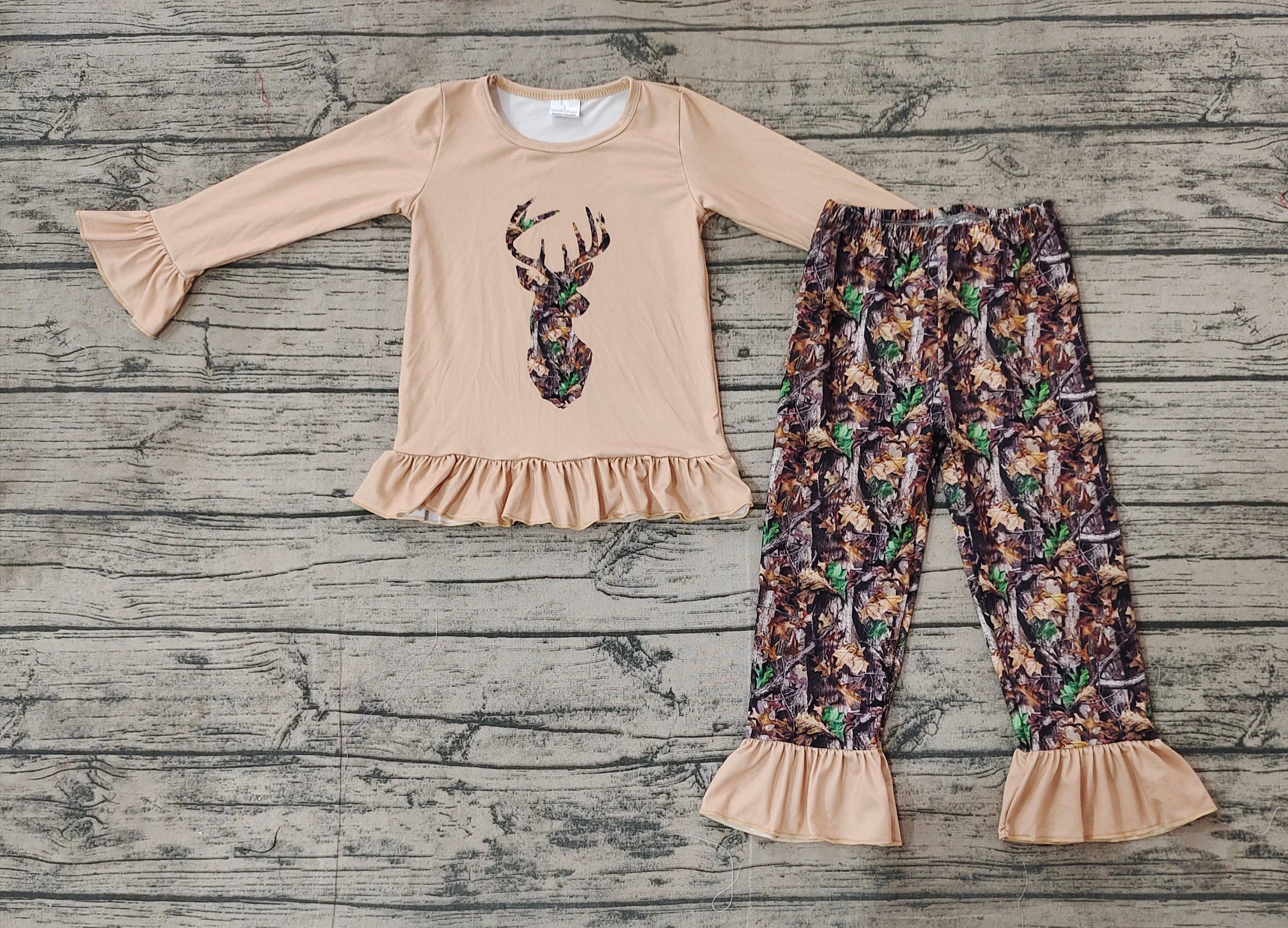 Aier Wholesale - Wholesale Top & Pant Set - Kids - Baby Girls Fall Camo Deer Top Ruffle Pants Clothes Sets1