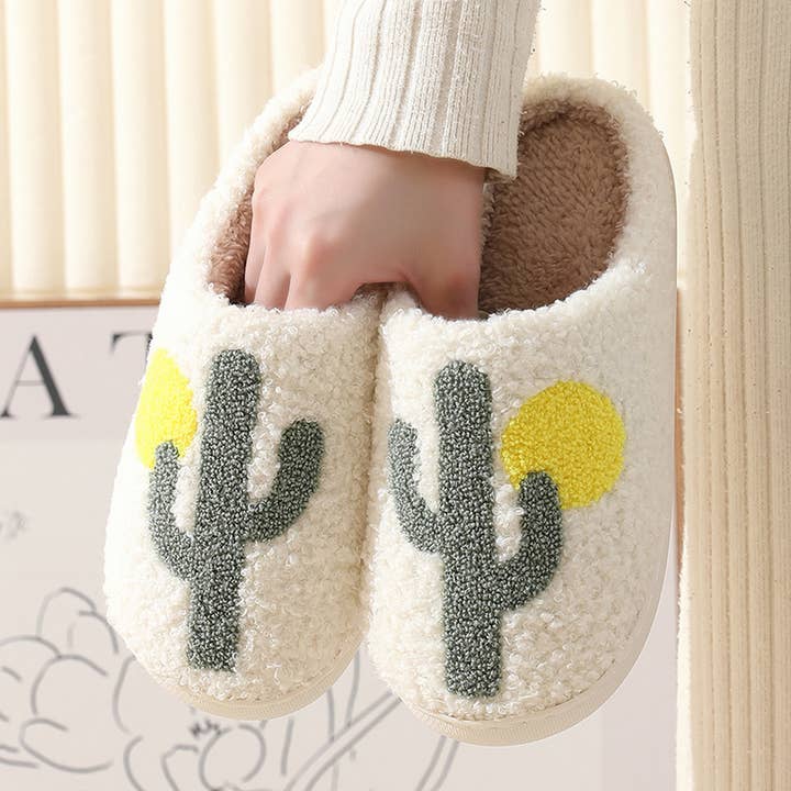 White CACTUS PATTERN WARM COTTON SLIPPERS_CWSHS0285 for wholesale on Faire
