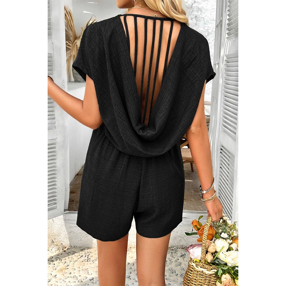 Elings – Großhandel Romper – Damen – Solider Tiefer V-Ausschnitt Drop-Shoulder-Loser Jumpsuit mit Taschen6