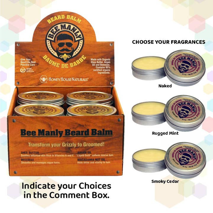 Honey House Naturals - Wholesale Beard Styling Product - Bee Manly- Beard BALM Display Box -1 Free Tester1