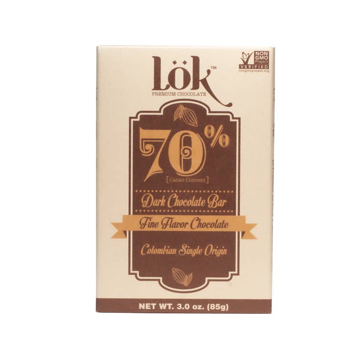 70% Cacao Colombian Origin Dark Chocolate Bar 85g for wholesale by Lök Foods