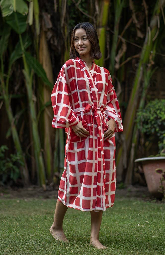 Handprint – wholesale Kimono – Women's – RED & WHITE SQUARES SILK KIMONO Price Change 2024