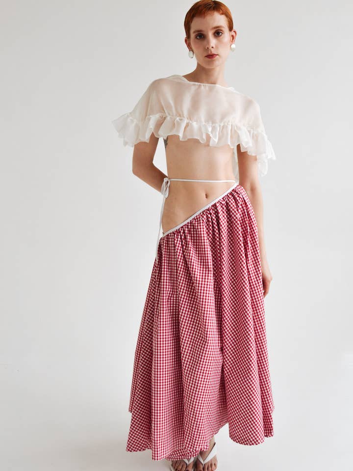 Jupe Maxi en Vichy 'Port' - Taille Asymétrique avec Liens pour la vente par SMUCKY