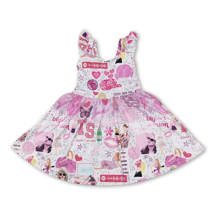 Pink flutter sleeves smile guitar singer girls tulle dress for wholesale by Yawoo Garments