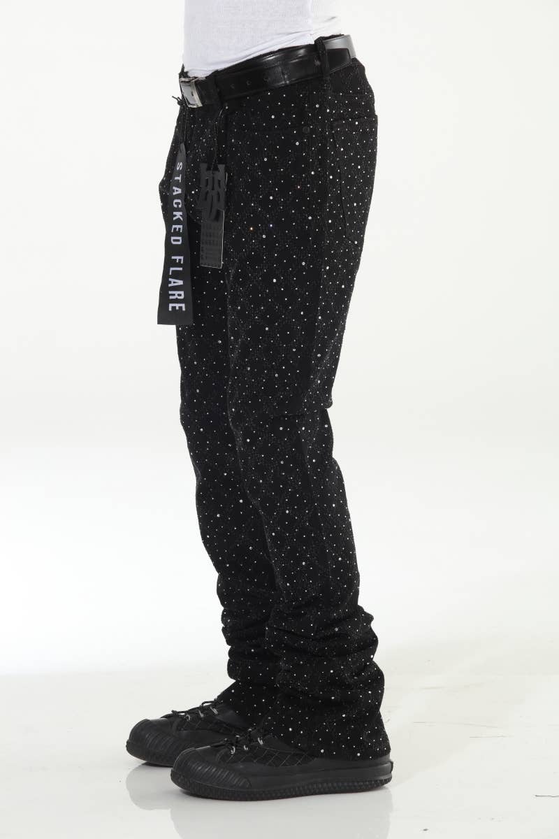 Stylo - Wholesale Jeans - Men's - Black Rhinestone Covered Stacked Flare2