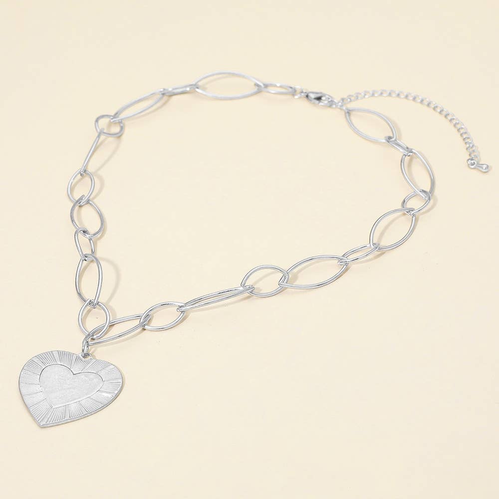 Sensibling Corp. - Wholesale Pendant/Charm Necklace - Bold Textured Heart Pendant Oval Link Chain Necklace5