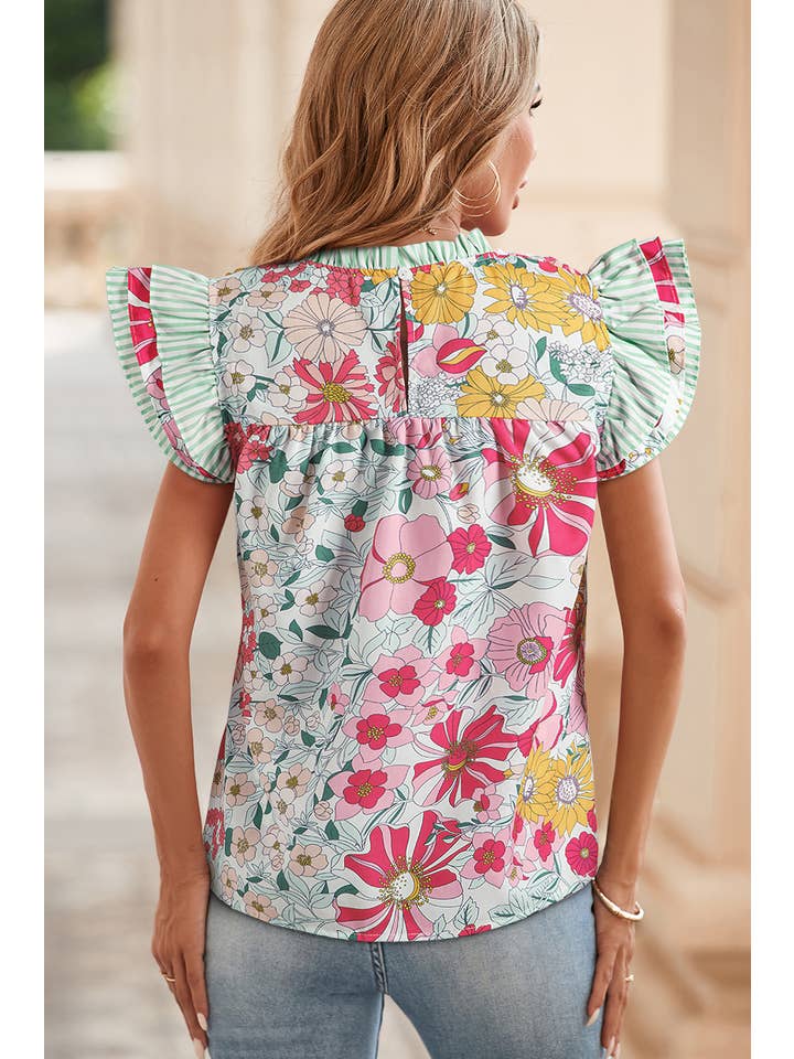 Pink LDC Floral Print Contrast Ruffle Trim Short Sleeve Blouse for wholesale on Faire