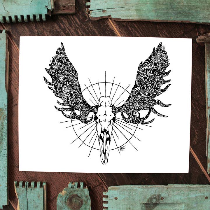 Doodle Moose Skull - Fine Art Print for wholesale by FJ Creations