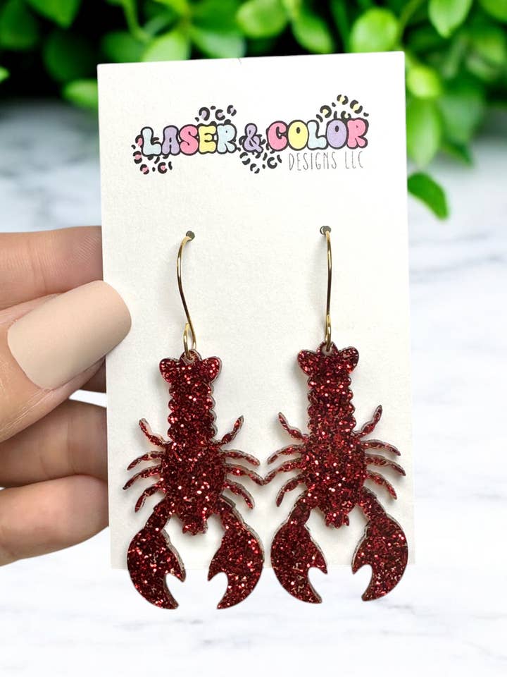 Lobster Crawfish Glitter Earrings, Mardi Gras Earrings for wholesale by Laser & Color Designs LLC