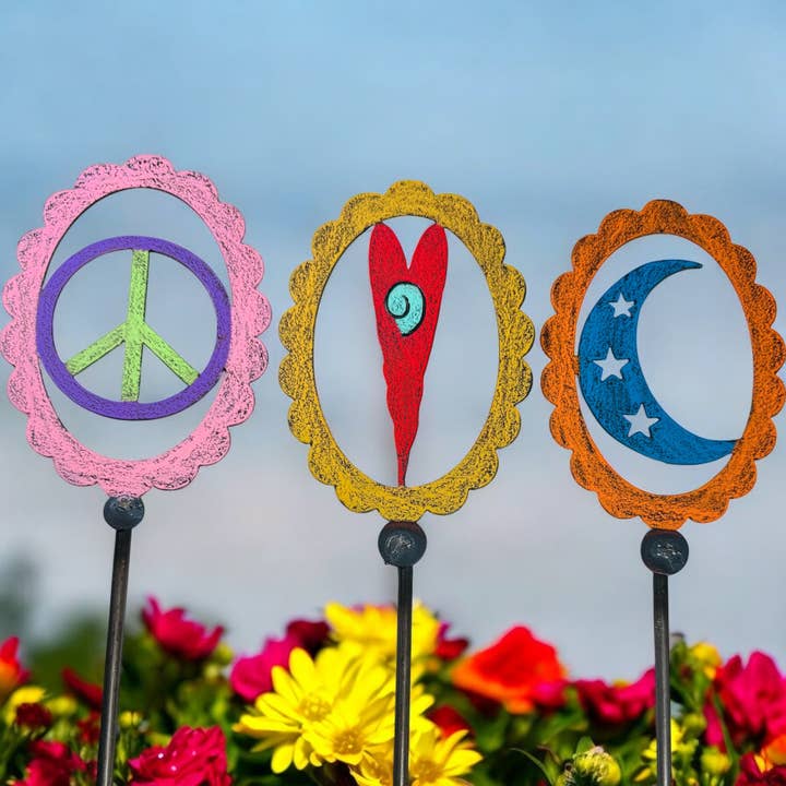 Whimsies – wholesale Garden/lawn stake – Moon plant Stake Peace Sign Garden Stake Heart lawn stake