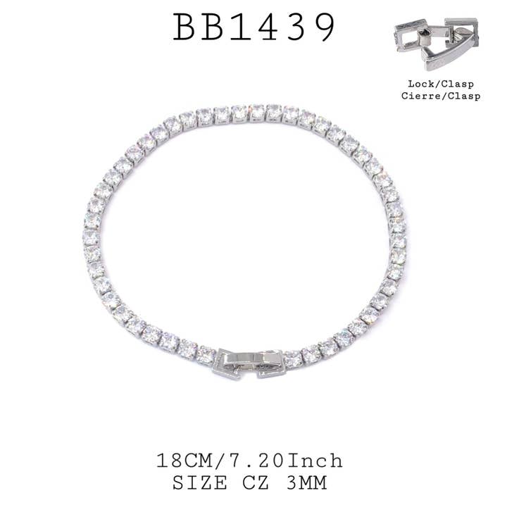 Brazalete de tenis plateado con cierre de circonita cúbica de 3 mm en latón para venta al por mayor de Nisso & Co. NYC Jewelry Wholesale