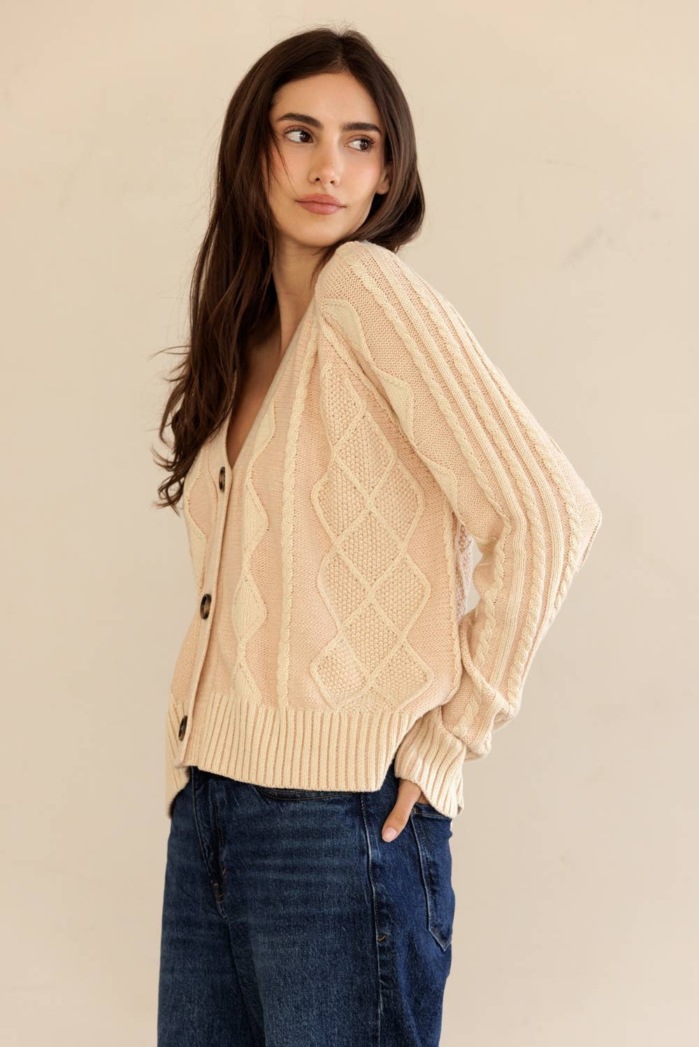 STORIA - Vente Cardigan – femme - JT7252-GILET À BOUTONS EN MAILLE CÂBLÉE2
