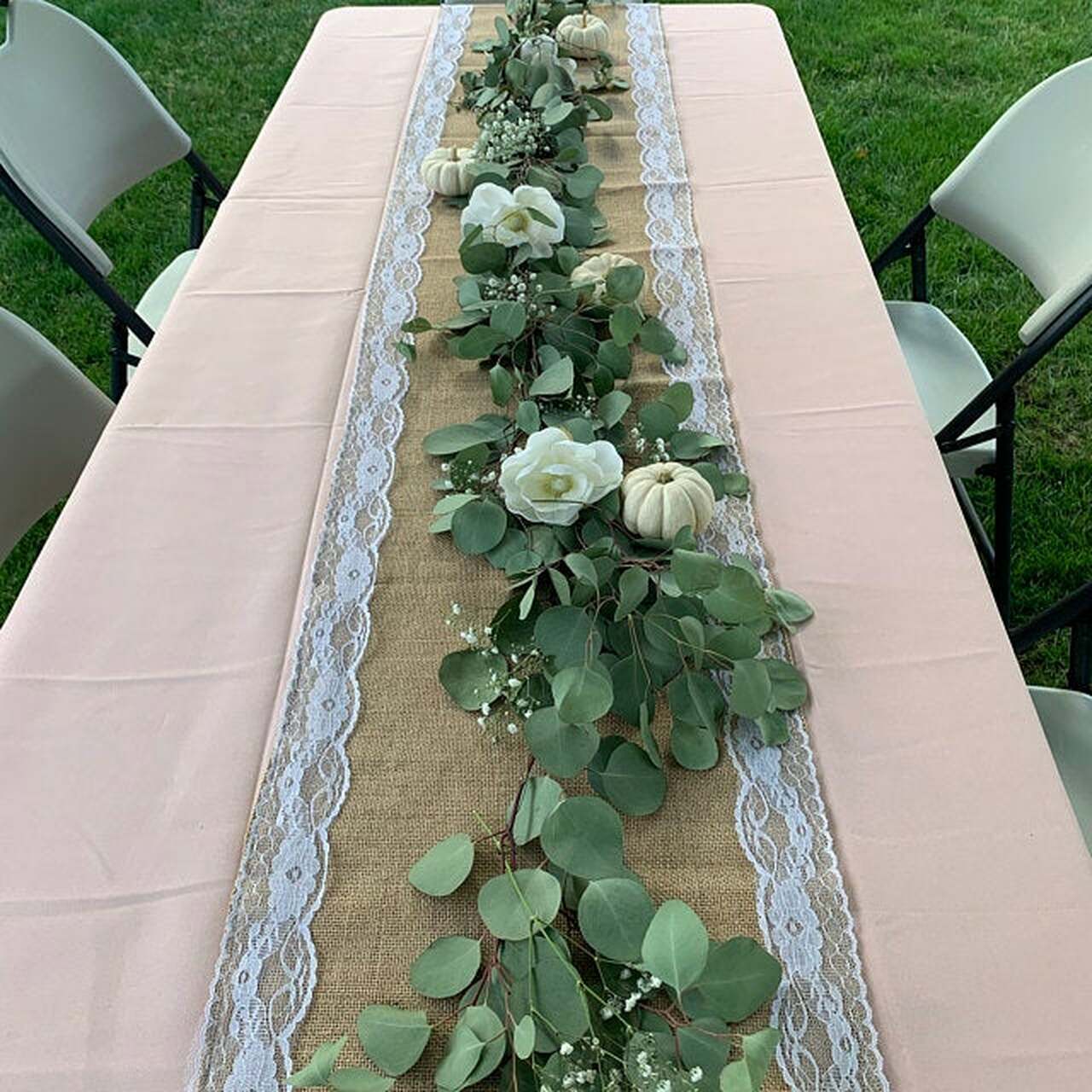YOUR CHAIR COVERS - Wholesale Table Runner - 14 X 108 Inch Jute Burlap Table Runner with White Lace Edges3