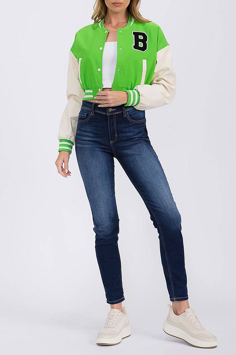 ROUSSEAU - Wholesale Varsity/Baseball Jacket - Women's - PLEATHER SLEEVE BUTTON CLOSURE VARSITY JACKET4