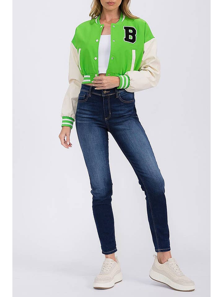 ROUSSEAU - Wholesale Varsity/Baseball Jacket - Women's - PLEATHER SLEEVE BUTTON CLOSURE VARSITY JACKET4