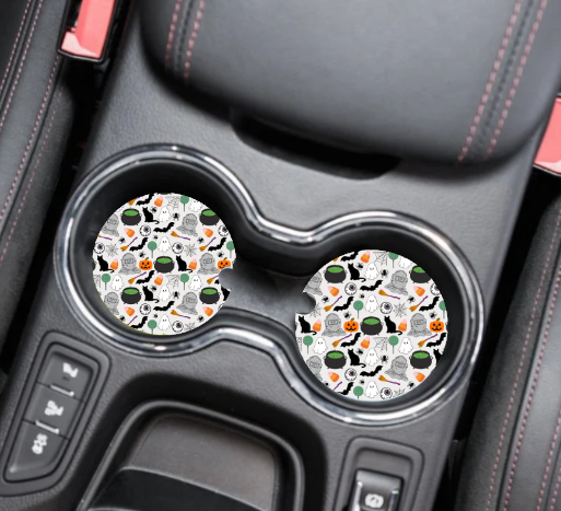 Prairie Chicken Sticker Shop & Gifts - Wholesale Car Coaster - Unisex - Witches Brew Cats & Bats Halloween Neoprene Car Coaster Set1